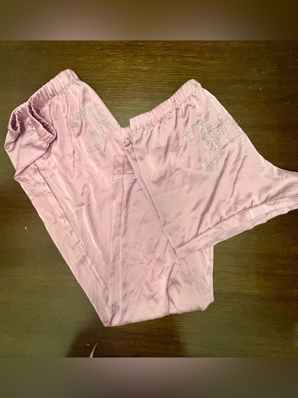 Juicy Couture XL y2k Pink Satin Coquette Pajama Bottom Set Rhinestone Logo